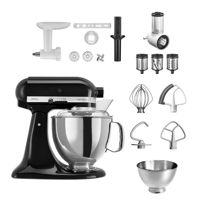 KitchenAid 4,8 L 5KSM175 Artisan Küchenmaschine Allrounderset mit Gemüseschneider+Fleischwolf+Spritzge