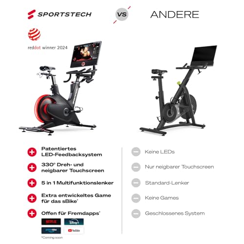 Sportstech Heimtrainer + 21.5" Touch Display - Deutsche Qualitätsmarke - APP mit Live Workouts & Kursen Fitnessbike mit patentierter LED Technologie, Ergometer, sBike (sBike schwarz)