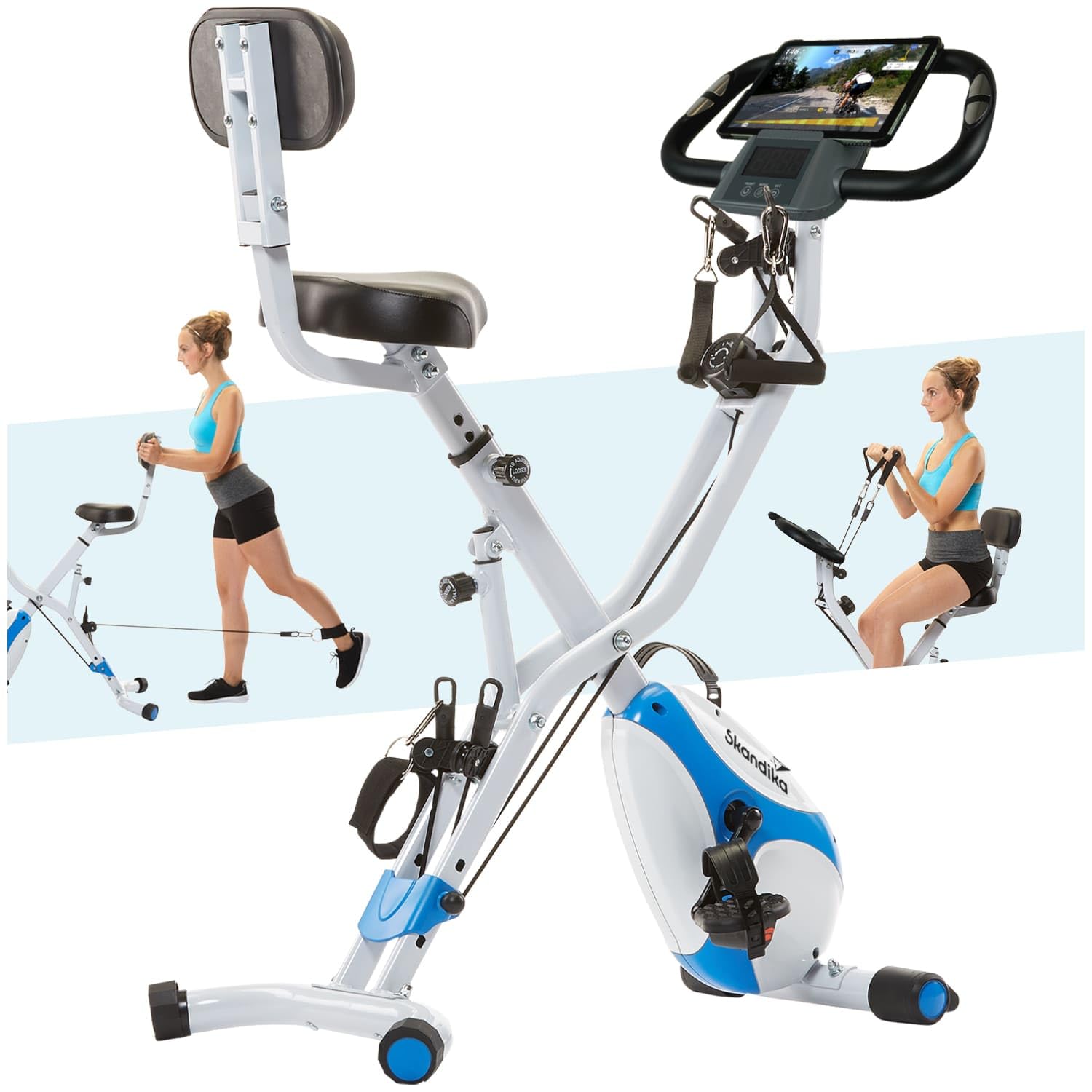 Skandika Fitnessbike Foldaway X-3000 X-Bike mit Lehne, Ergometer Fahrrad, klappbarer Hometrainer | Multi-Gym 4 in 1 Heimtrainer, Liegeergometer, Beintrainer, Kraftstation | blau/weiß