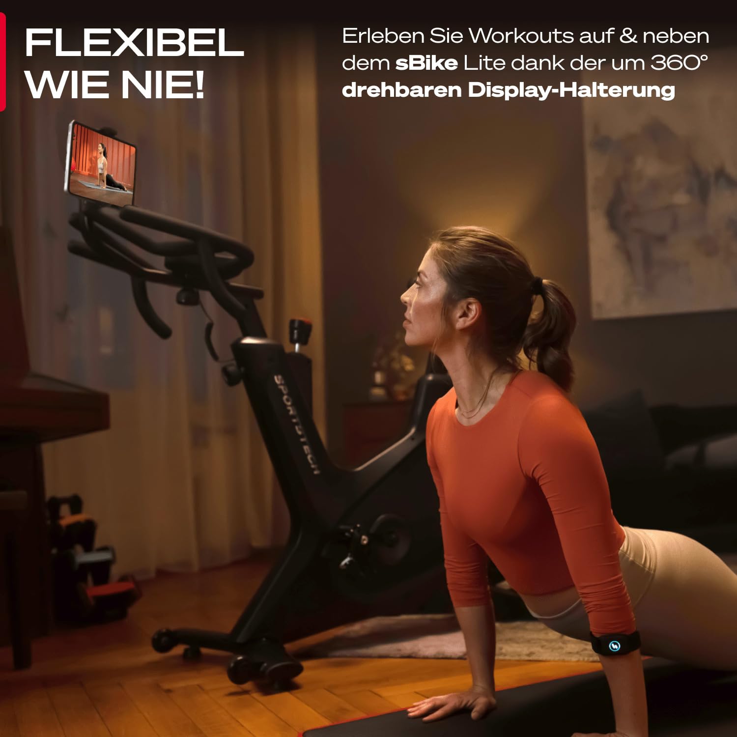 Sportstech sBike Lite - Smartes Heimtrainer Fahrrad mit LED - Deutsche Qualitätsmarke - App mit Kursen und 360° Tablet-Halterung für Full Body Workout - Ergometer