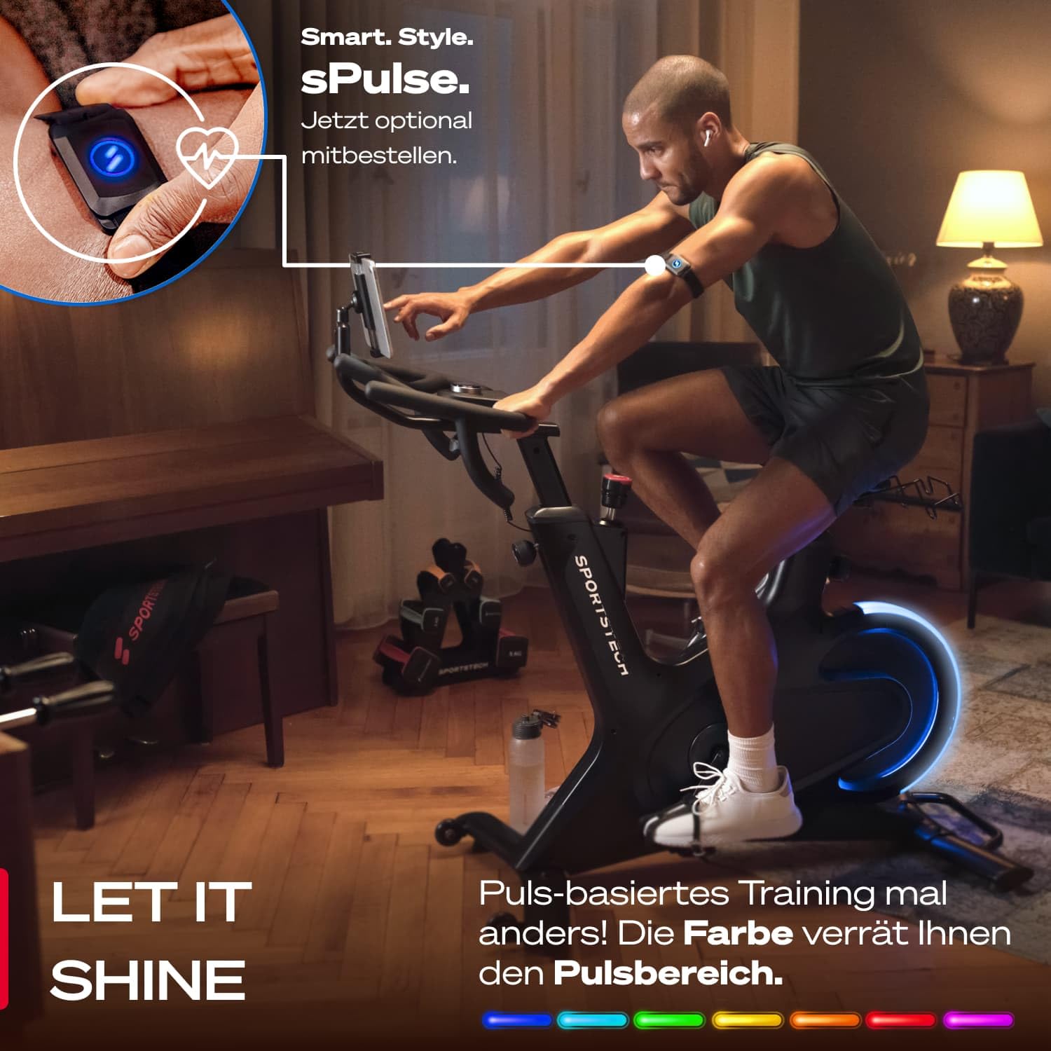 Sportstech sBike Lite - Smartes Heimtrainer Fahrrad mit LED - Deutsche Qualitätsmarke - App mit Kursen und 360° Tablet-Halterung für Full Body Workout - Ergometer