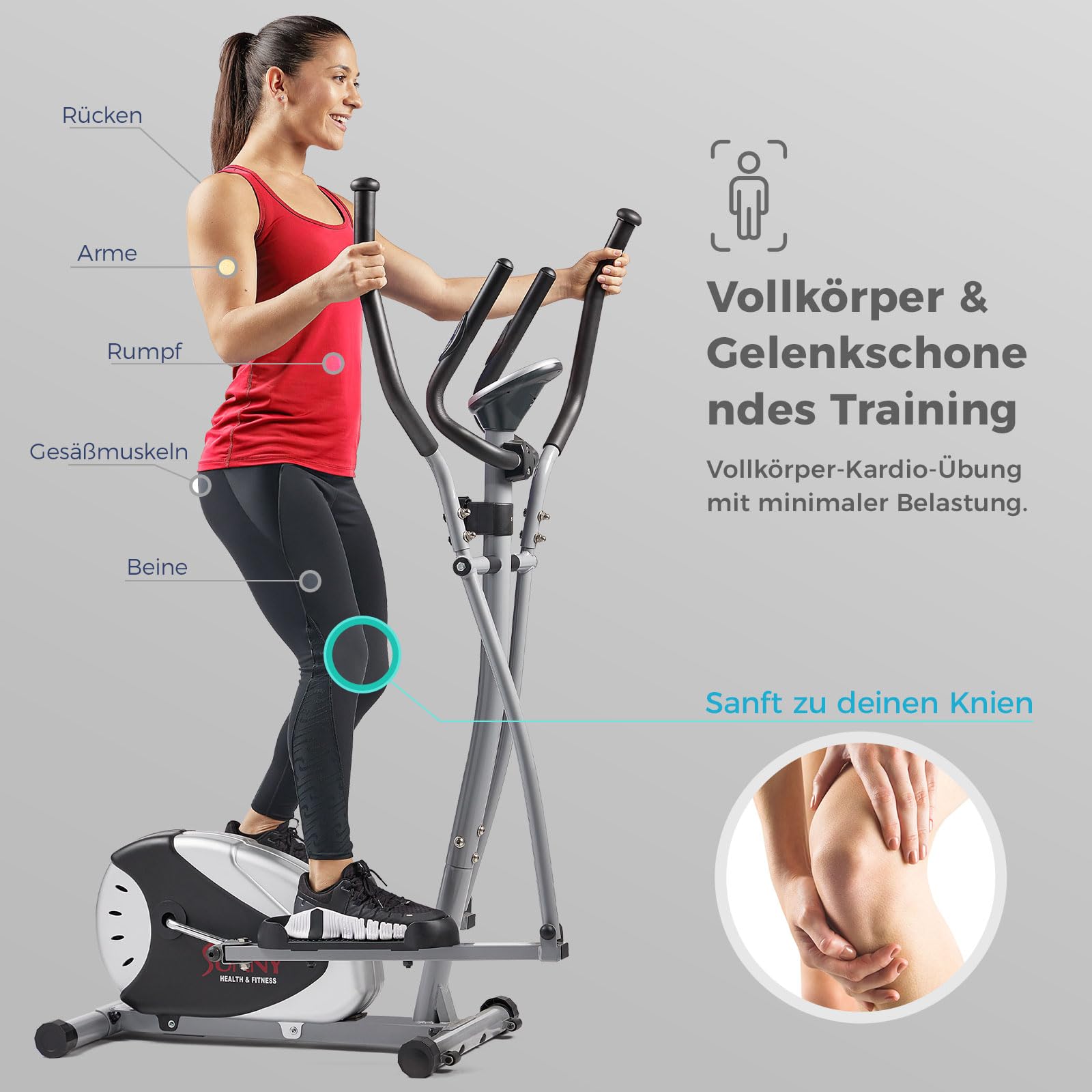 Sunny Health & Fitness Crosstrainer mit Magnetwiderstand mit LCD-Monitor, 100 kg max Gewicht, 8 Widerstandsstufe- SF-E905, Crosstrainer für zuhause, Ellipsentrainer, Ergometer