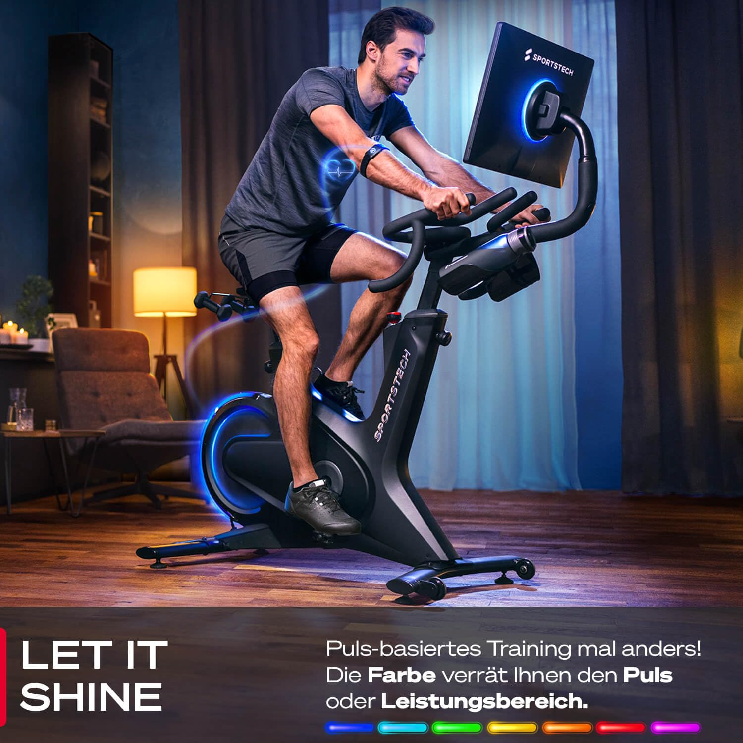 Sportstech Heimtrainer + 21.5" Touch Display - Deutsche Qualitätsmarke - APP mit Live Workouts & Kursen Fitnessbike mit patentierter LED Technologie, Ergometer, sBike (sBike schwarz)
