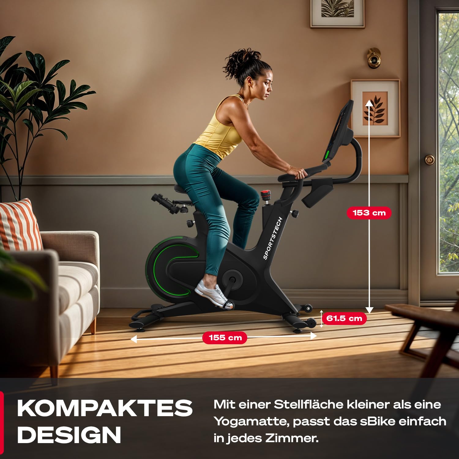 Sportstech Heimtrainer + 21.5" Touch Display - Deutsche Qualitätsmarke - APP mit Live Workouts & Kursen Fitnessbike mit patentierter LED Technologie, Ergometer, sBike (sBike schwarz)