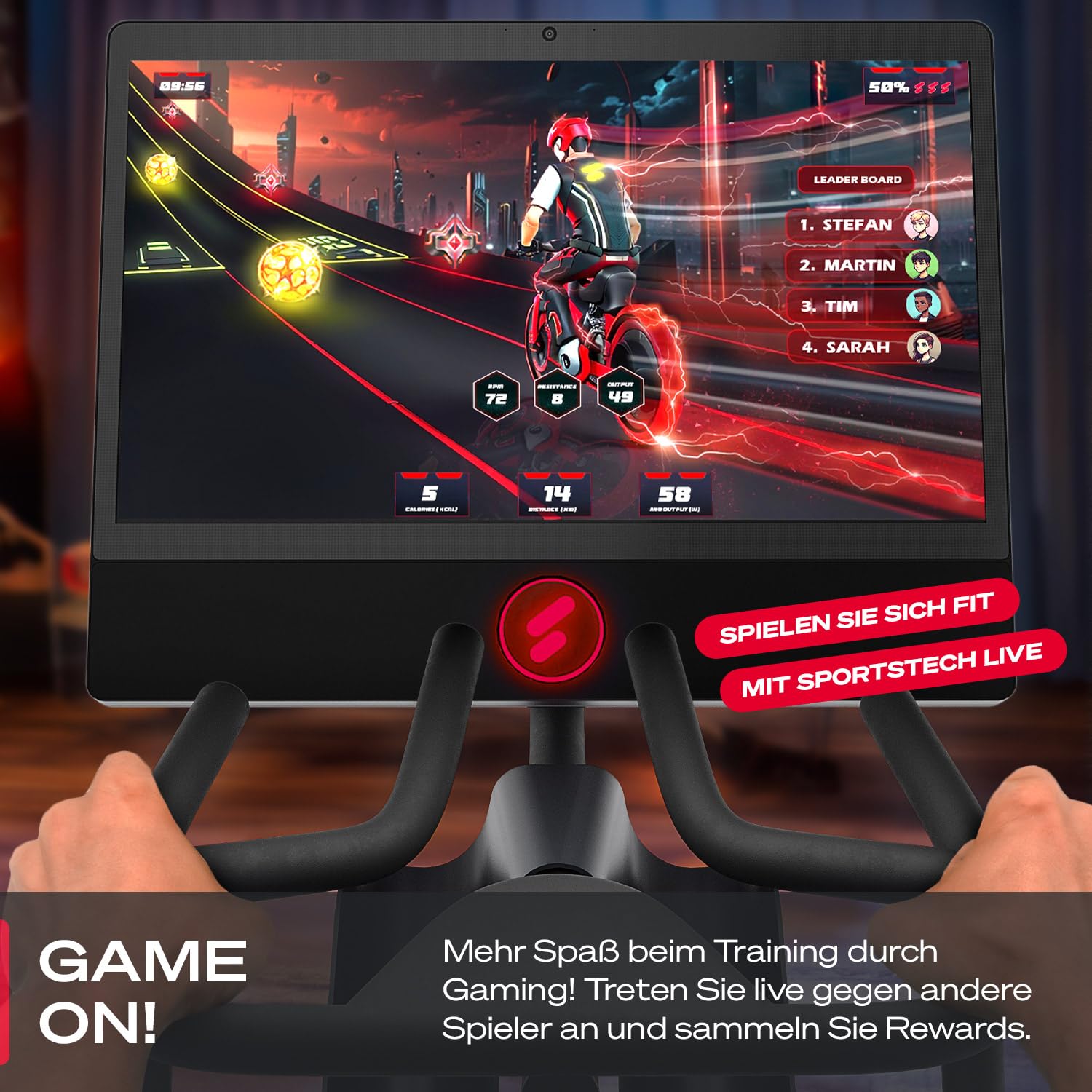 Sportstech Heimtrainer + 21.5" Touch Display - Deutsche Qualitätsmarke - APP mit Live Workouts & Kursen Fitnessbike mit patentierter LED Technologie, Ergometer, sBike (sBike schwarz)