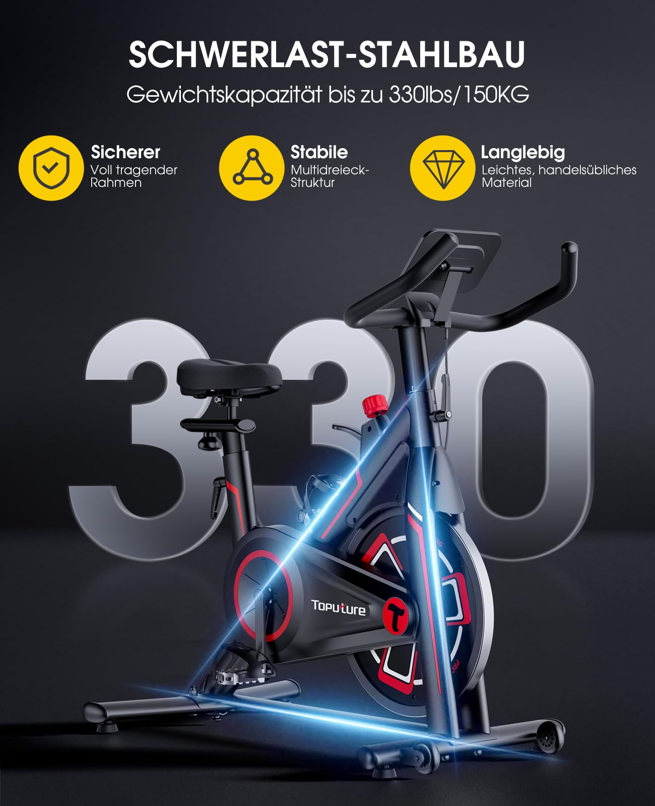 Toputure Heimtrainer Fahrrad mit Schlau APP, 15 KG Schwungrad, Leiser Hometrainer mit 0-100% Magnetischem Widerstand, Spinning Indoor Exercise bike Bis 150 KG, mit Tablet-Halter, LCD