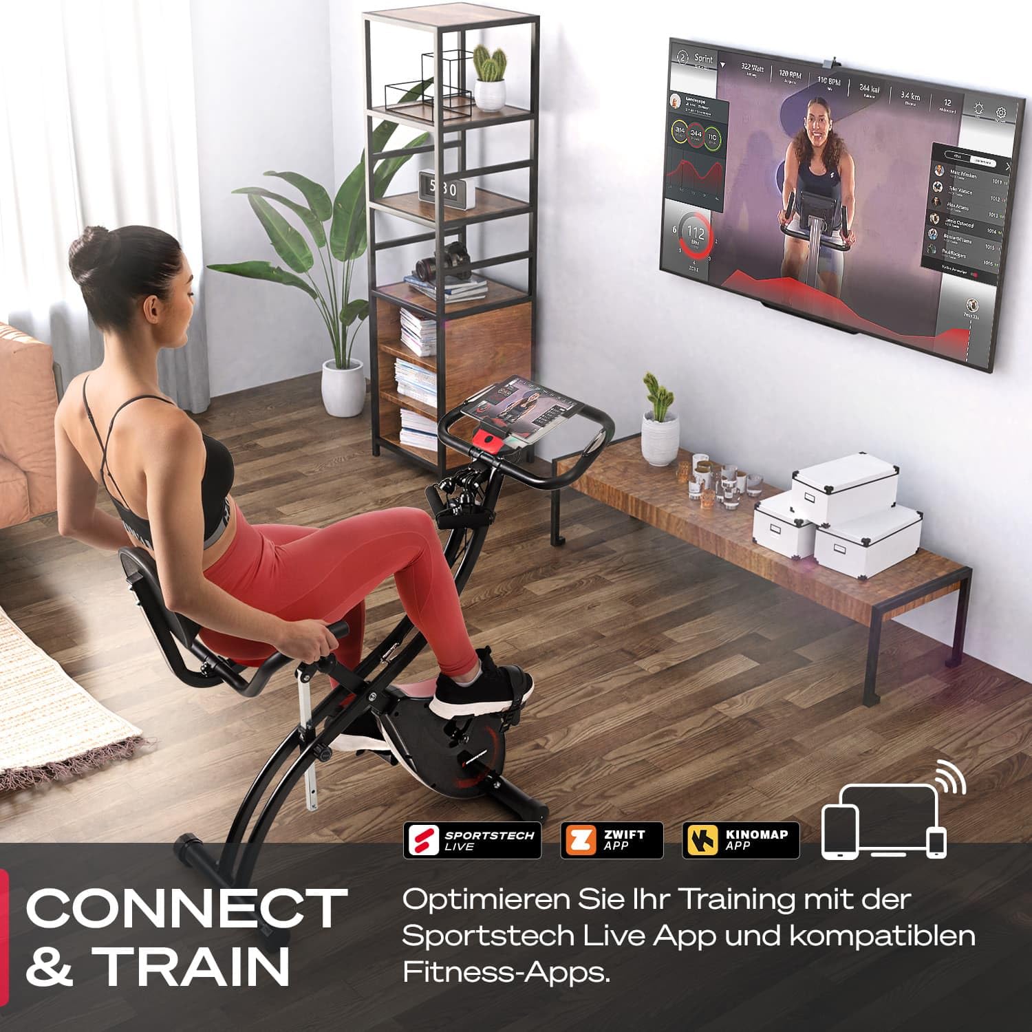 Sportstech Ergometer Heimtrainer Fahrrad klappbar, Fitness Indoor Fahrrad für Zuhause, Hometrainer Bike 150kg, App mit Live- & On Demand-Kursen für Full Body Workout-Erlebnis, X150 Bike