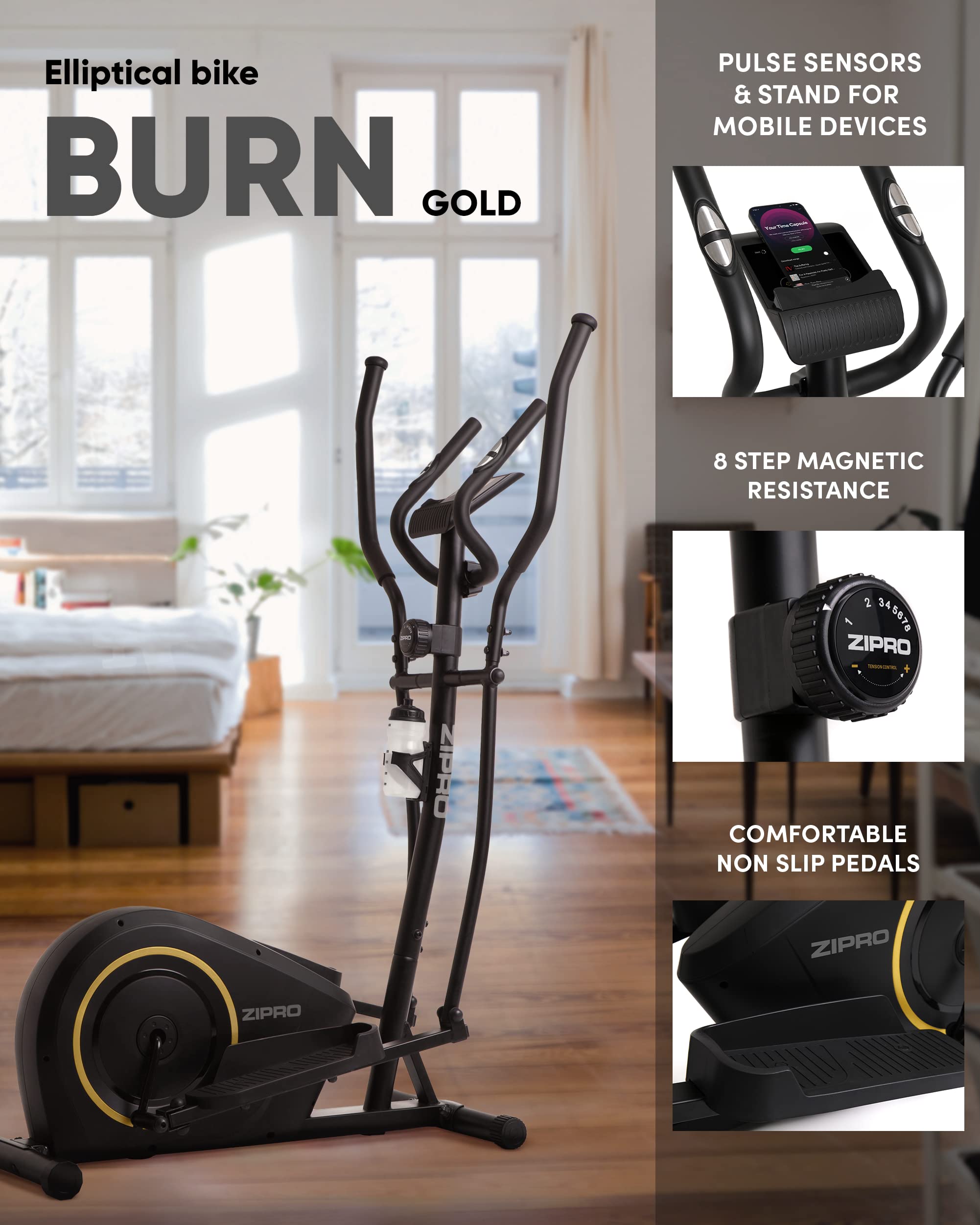 Zipro Crosstrainer Burn Gold, Ellipsentrainer bis zu 120 kg, Crosstrainer für Zuhause, Cardio Trainingsgerät, Exercise Machines, Heimtrainer, 8 Widerstandsstufen