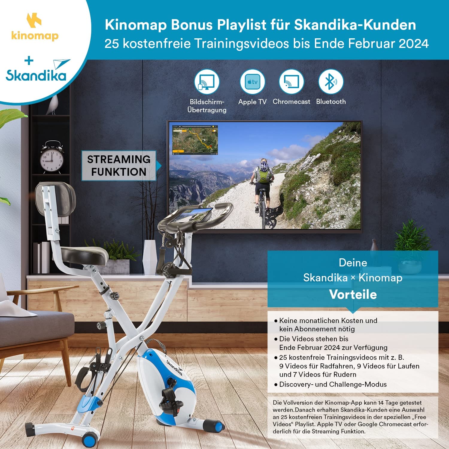 Skandika Fitnessbike Foldaway X-3000 X-Bike mit Lehne, Ergometer Fahrrad, klappbarer Hometrainer | Multi-Gym 4 in 1 Heimtrainer, Liegeergometer, Beintrainer, Kraftstation | blau/weiß