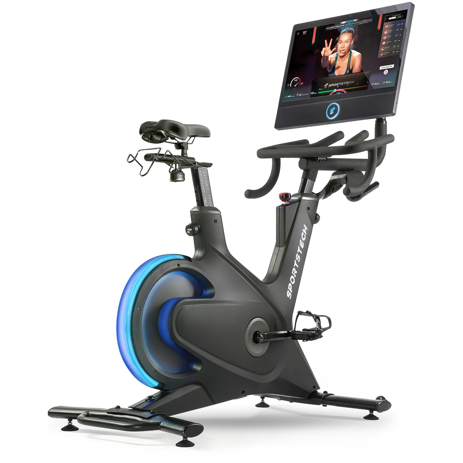 Sportstech Heimtrainer + 21.5" Touch Display - Deutsche Qualitätsmarke - APP mit Live Workouts & Kursen Fitnessbike mit patentierter LED Technologie, Ergometer, sBike (sBike schwarz)