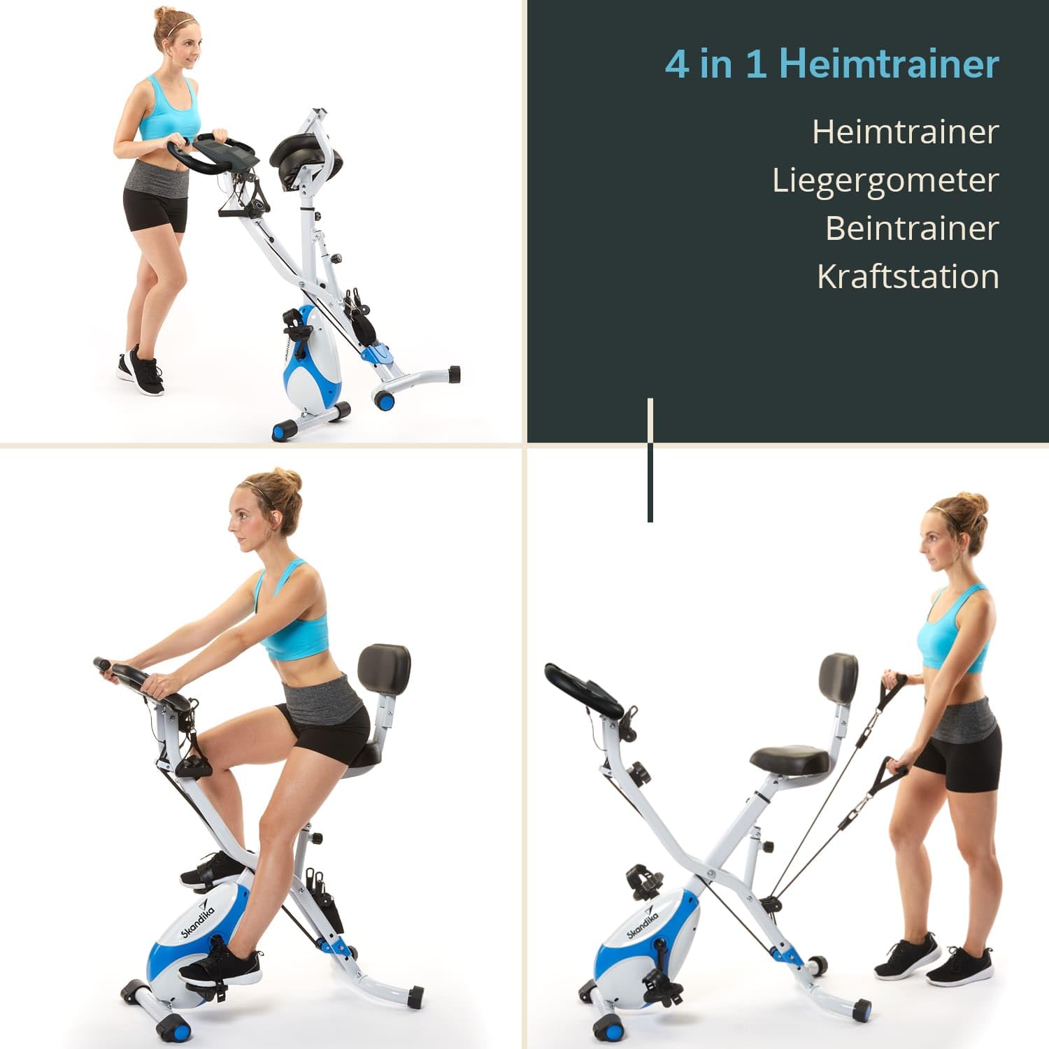 Skandika Fitnessbike Foldaway X-3000 X-Bike mit Lehne, Ergometer Fahrrad, klappbarer Hometrainer | Multi-Gym 4 in 1 Heimtrainer, Liegeergometer, Beintrainer, Kraftstation | blau/weiß