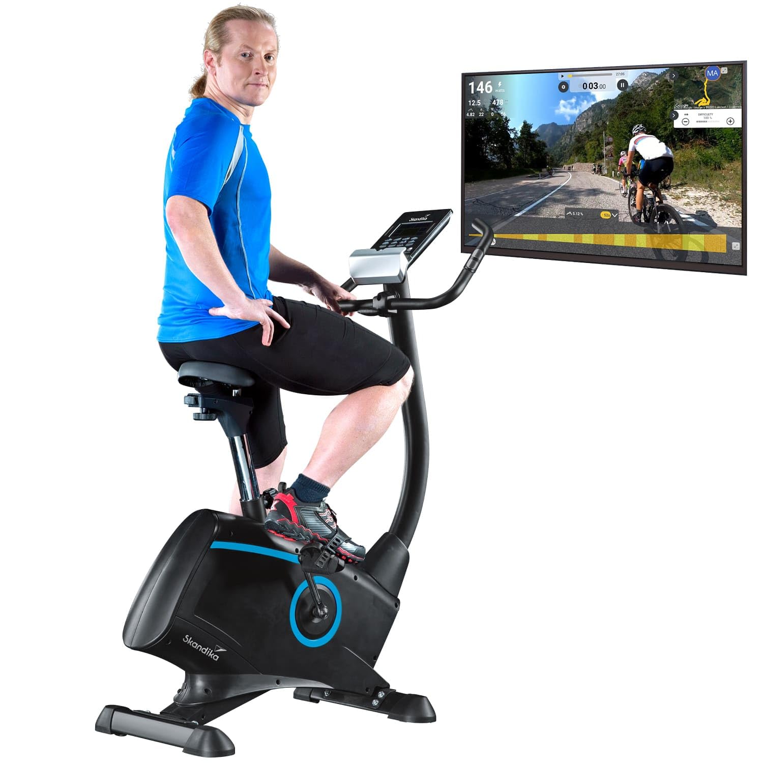 Skandika Ergometer Fahrrad Atlantis | Heimtrainer mit App Steuerung (Kinomap, iConsole), Bluetooth, 10kg Schwungmasse, Puls und Körperfettmessung, 32 Stufen, geräuscharm, Transportrollen | bis 150kg