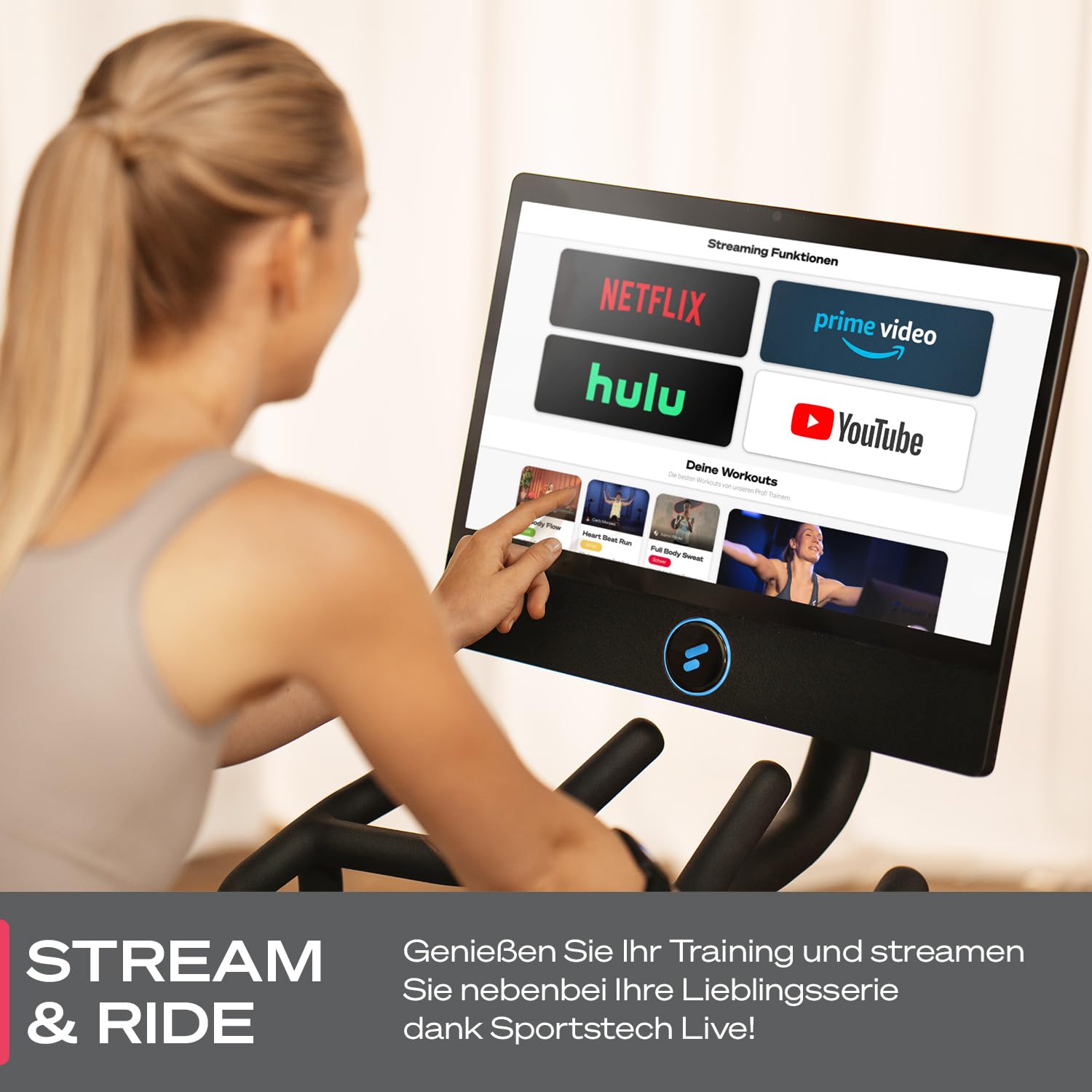 Sportstech Heimtrainer + 21.5" Touch Display - Deutsche Qualitätsmarke - APP mit Live Workouts & Kursen Fitnessbike mit patentierter LED Technologie, Ergometer, sBike (sBike schwarz)