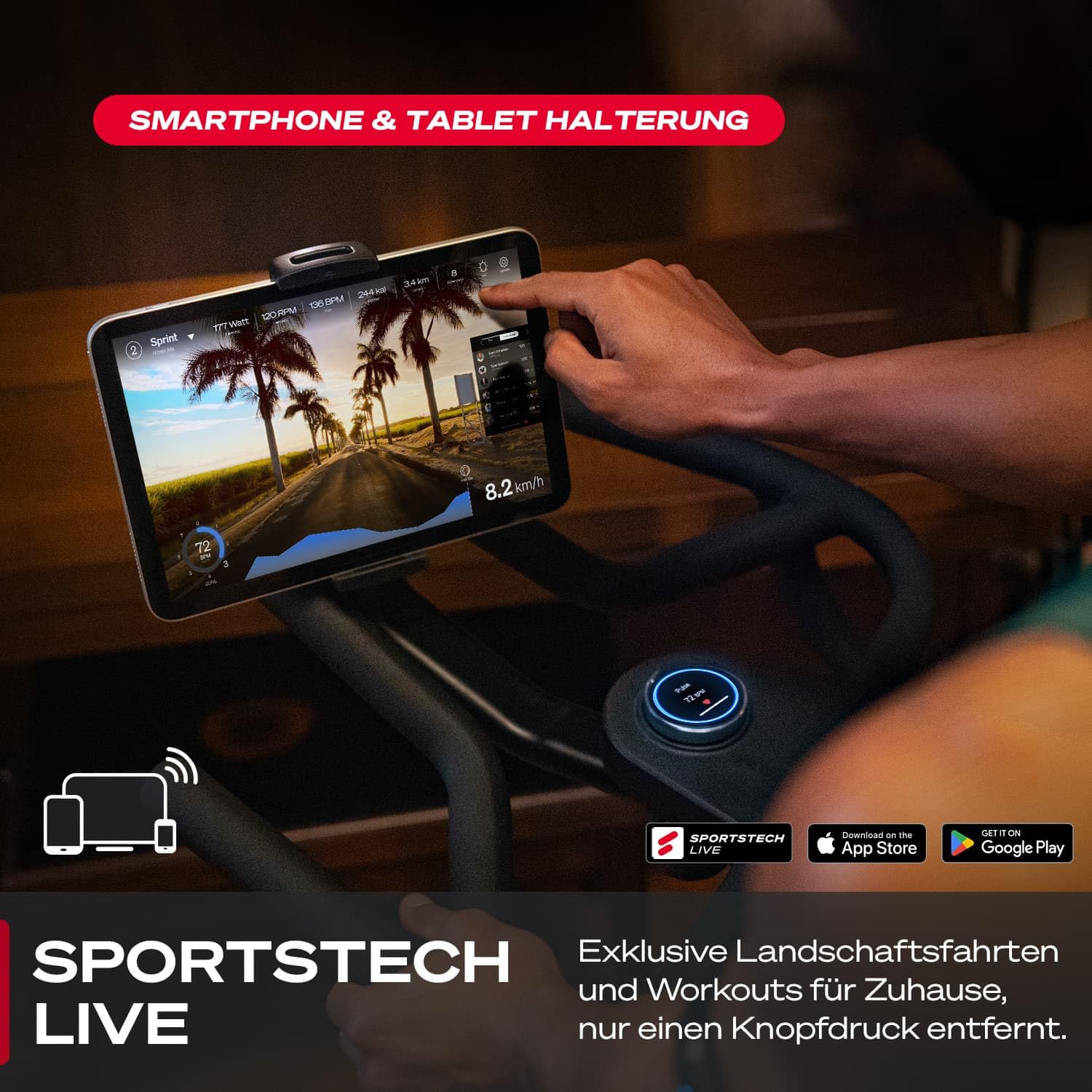 Sportstech sBike Lite - Smartes Heimtrainer Fahrrad mit LED - Deutsche Qualitätsmarke - App mit Kursen und 360° Tablet-Halterung für Full Body Workout - Ergometer