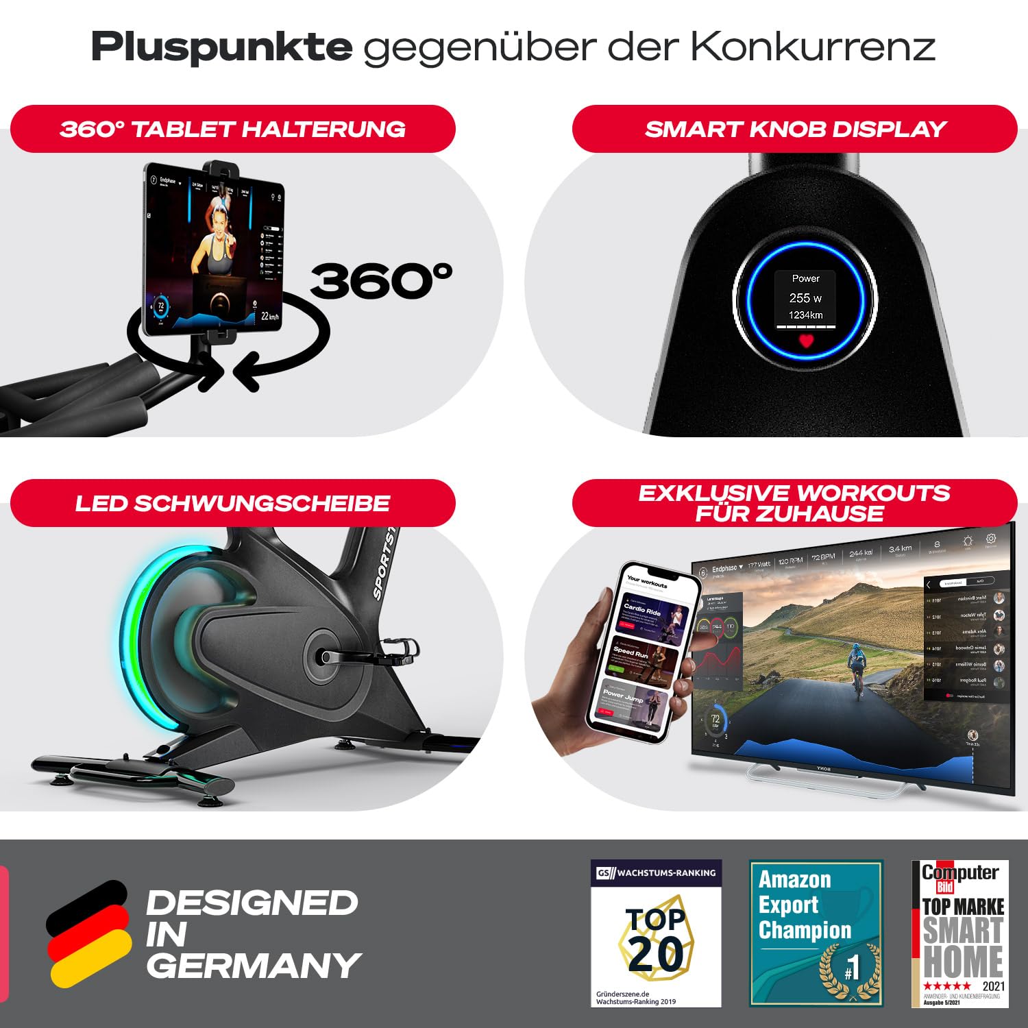 Sportstech sBike Lite - Smartes Heimtrainer Fahrrad mit LED - Deutsche Qualitätsmarke - App mit Kursen und 360° Tablet-Halterung für Full Body Workout - Ergometer