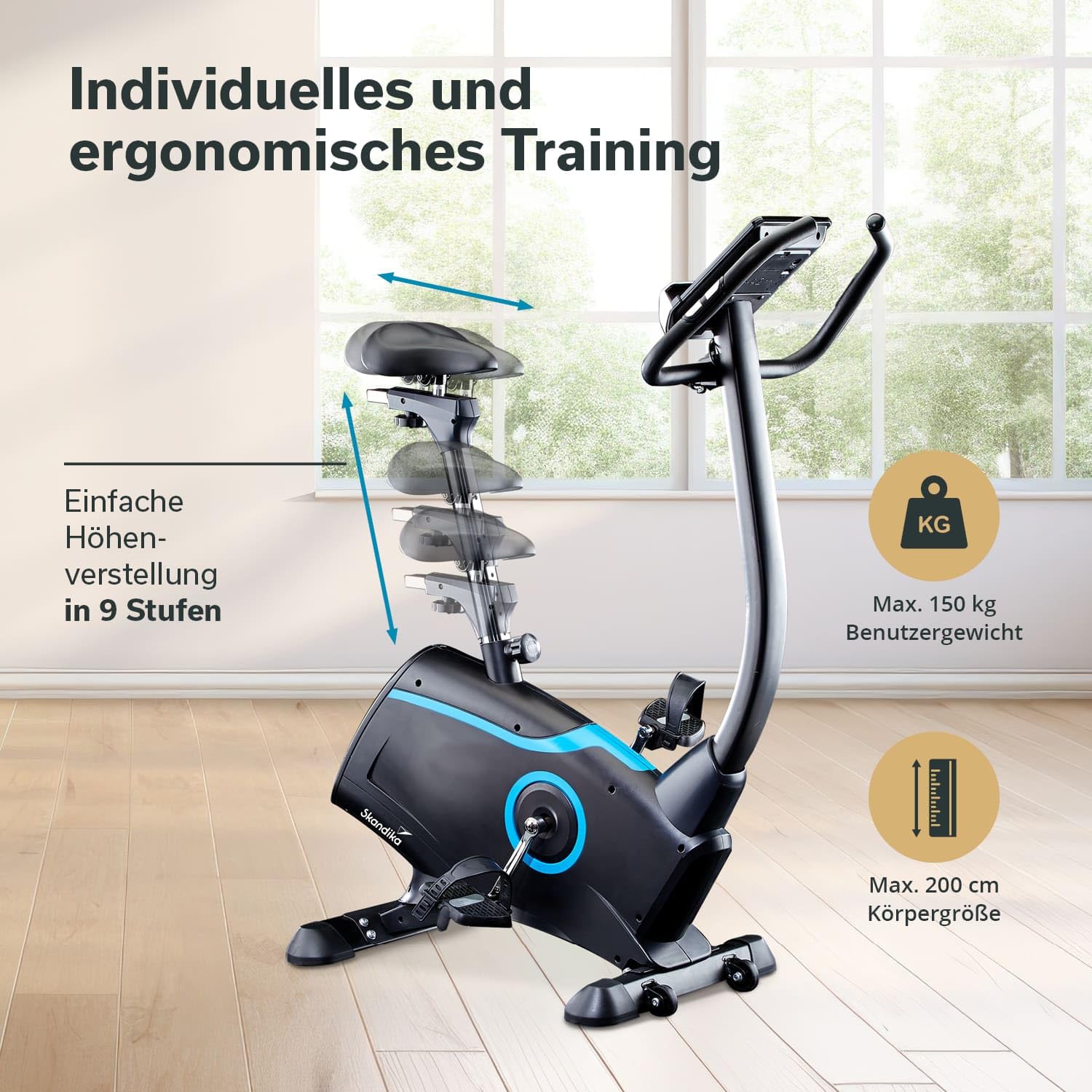 Skandika Ergometer Fahrrad Atlantis | Heimtrainer mit App Steuerung (Kinomap, iConsole), Bluetooth, 10kg Schwungmasse, Puls und Körperfettmessung, 32 Stufen, geräuscharm, Transportrollen | bis 150kg