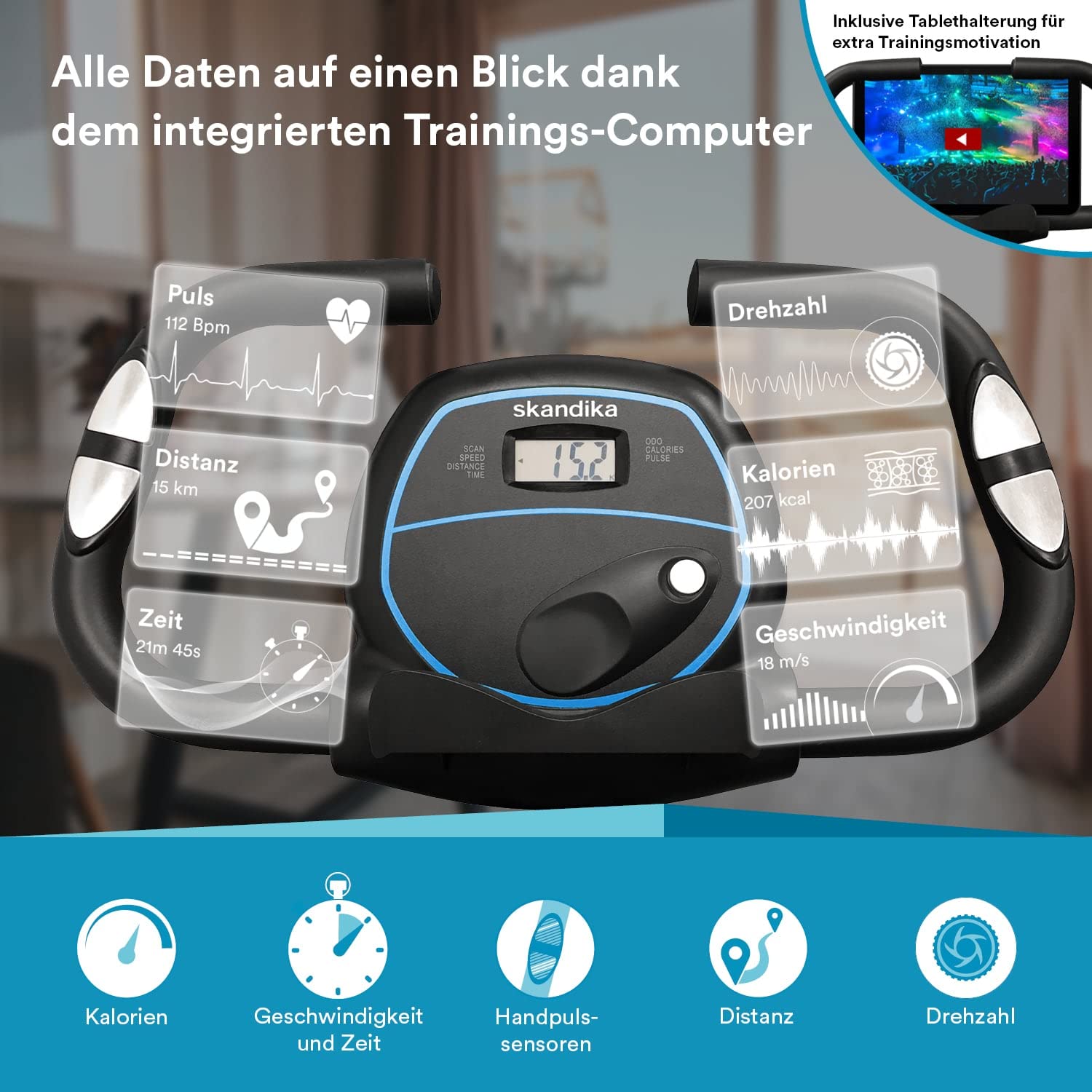 Skandika Fitnessbike Foldaway X-3000 X-Bike mit Lehne, Ergometer Fahrrad, klappbarer Hometrainer | Multi-Gym 4 in 1 Heimtrainer, Liegeergometer, Beintrainer, Kraftstation | blau/weiß