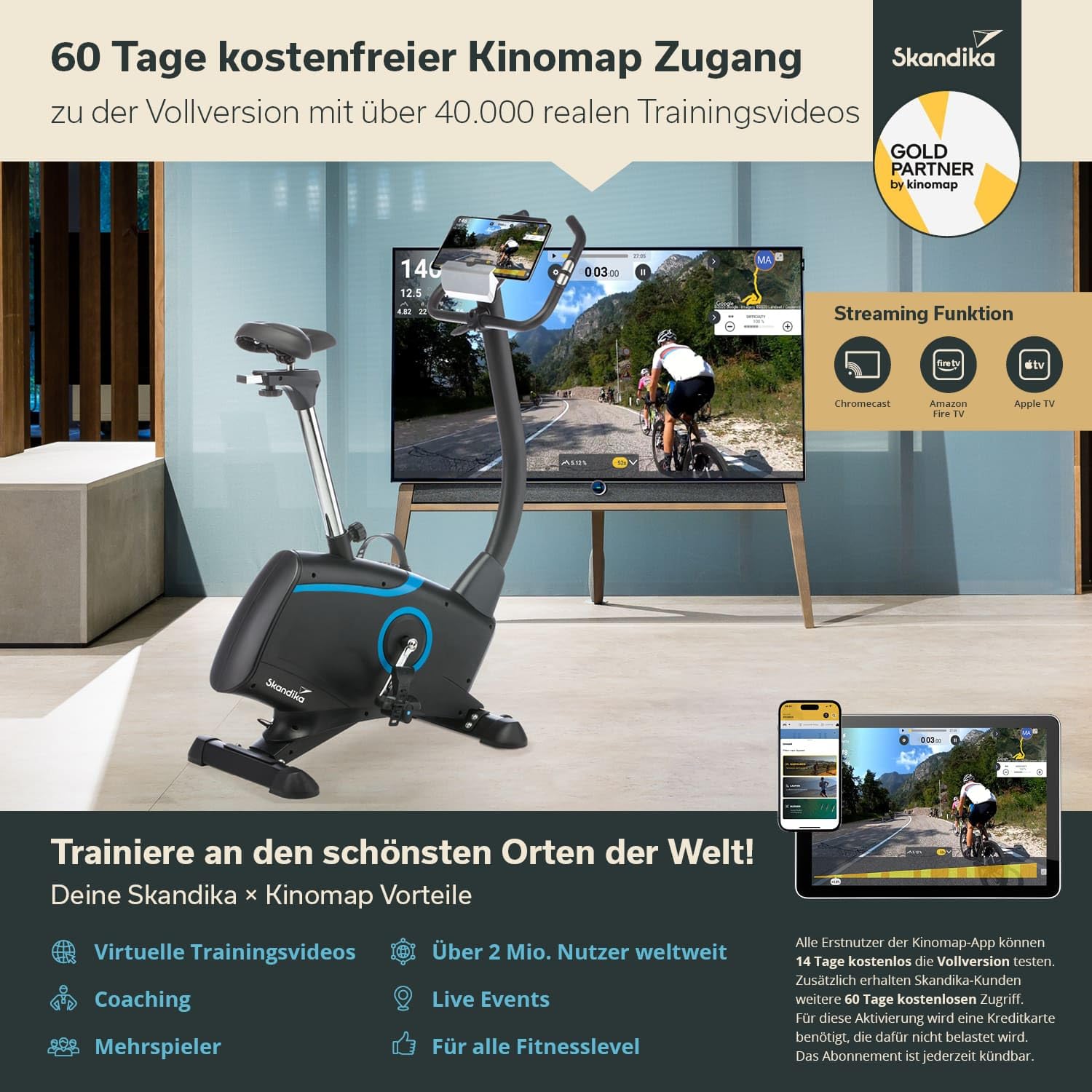 Skandika Ergometer Fahrrad Atlantis | Heimtrainer mit App Steuerung (Kinomap, iConsole), Bluetooth, 10kg Schwungmasse, Puls und Körperfettmessung, 32 Stufen, geräuscharm, Transportrollen | bis 150kg