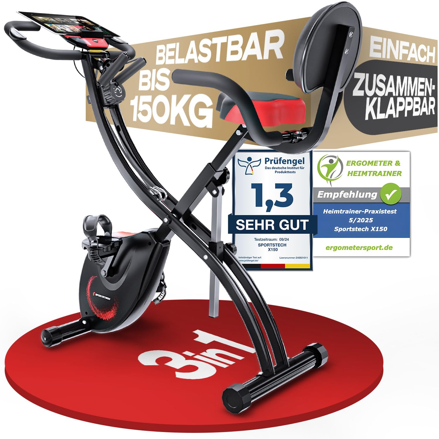 Sportstech Ergometer Heimtrainer Fahrrad klappbar, Fitness Indoor Fahrrad für Zuhause, Hometrainer Bike 150kg, App mit Live- & On Demand-Kursen für Full Body Workout-Erlebnis, X150 Bike