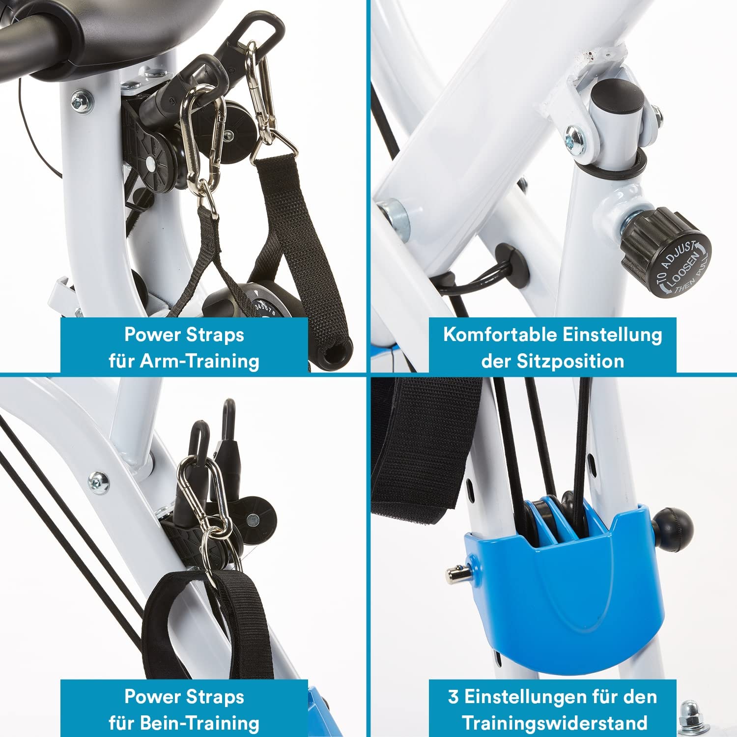 Skandika Fitnessbike Foldaway X-3000 X-Bike mit Lehne, Ergometer Fahrrad, klappbarer Hometrainer | Multi-Gym 4 in 1 Heimtrainer, Liegeergometer, Beintrainer, Kraftstation | blau/weiß