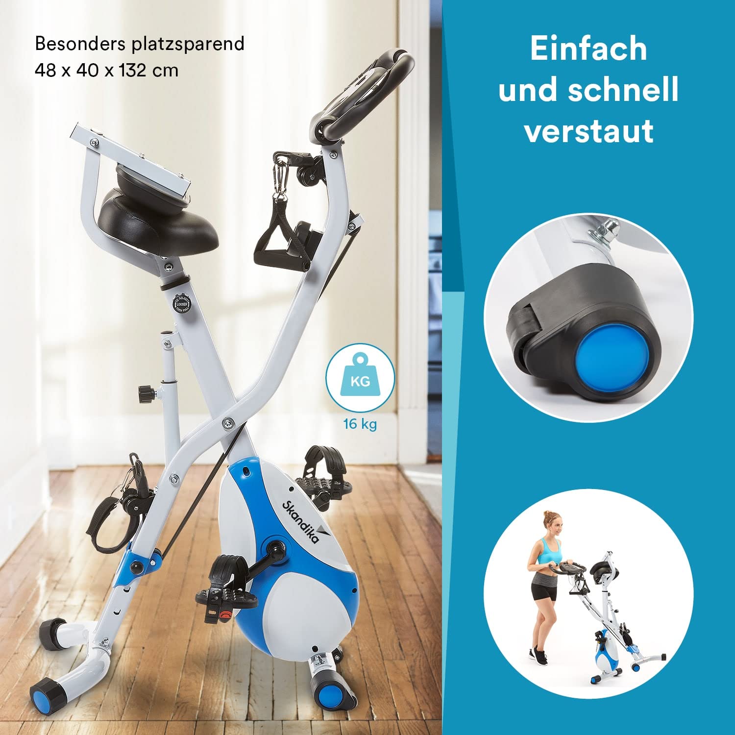 Skandika Fitnessbike Foldaway X-3000 X-Bike mit Lehne, Ergometer Fahrrad, klappbarer Hometrainer | Multi-Gym 4 in 1 Heimtrainer, Liegeergometer, Beintrainer, Kraftstation | blau/weiß
