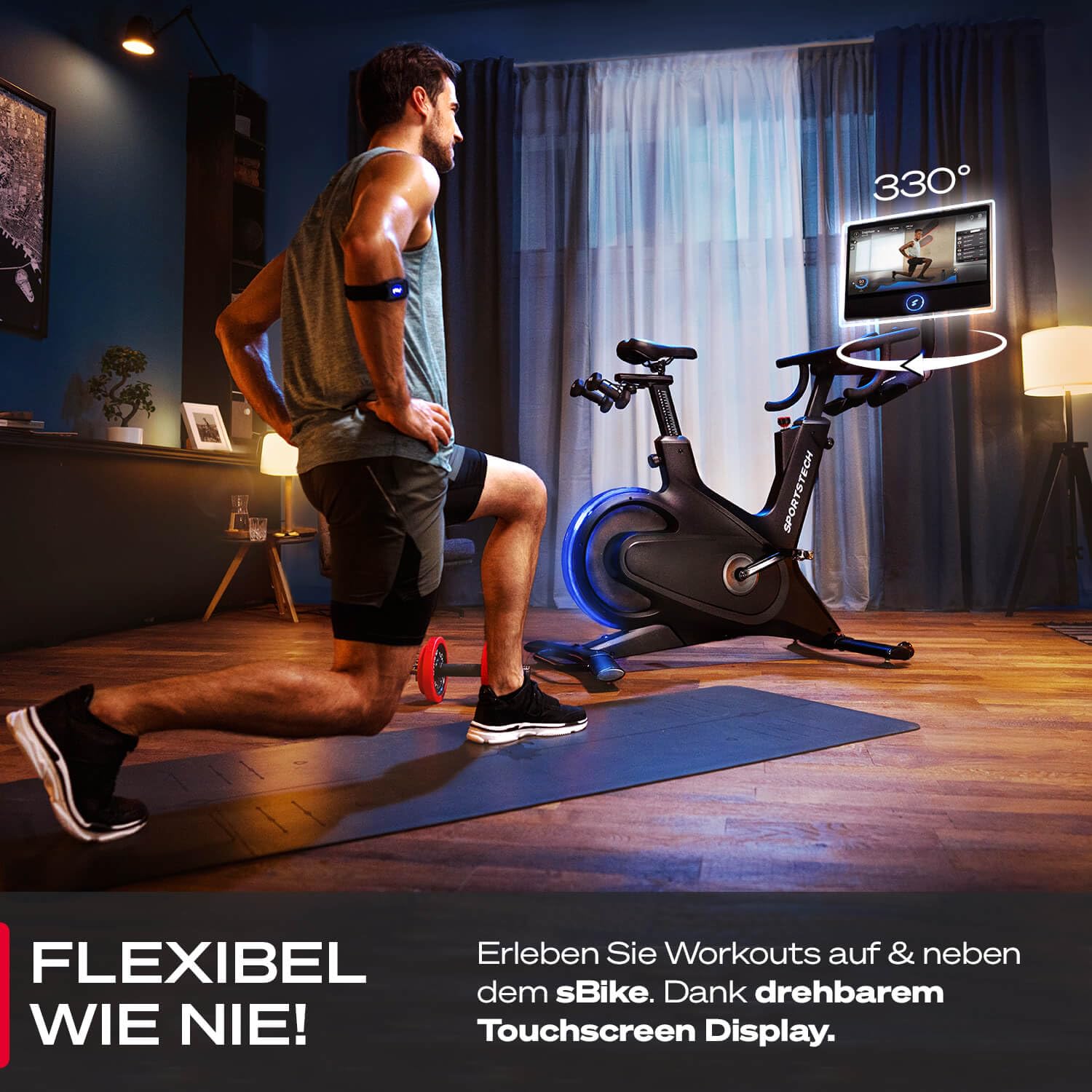 Sportstech Heimtrainer + 21.5" Touch Display - Deutsche Qualitätsmarke - APP mit Live Workouts & Kursen Fitnessbike mit patentierter LED Technologie, Ergometer, sBike (sBike schwarz)