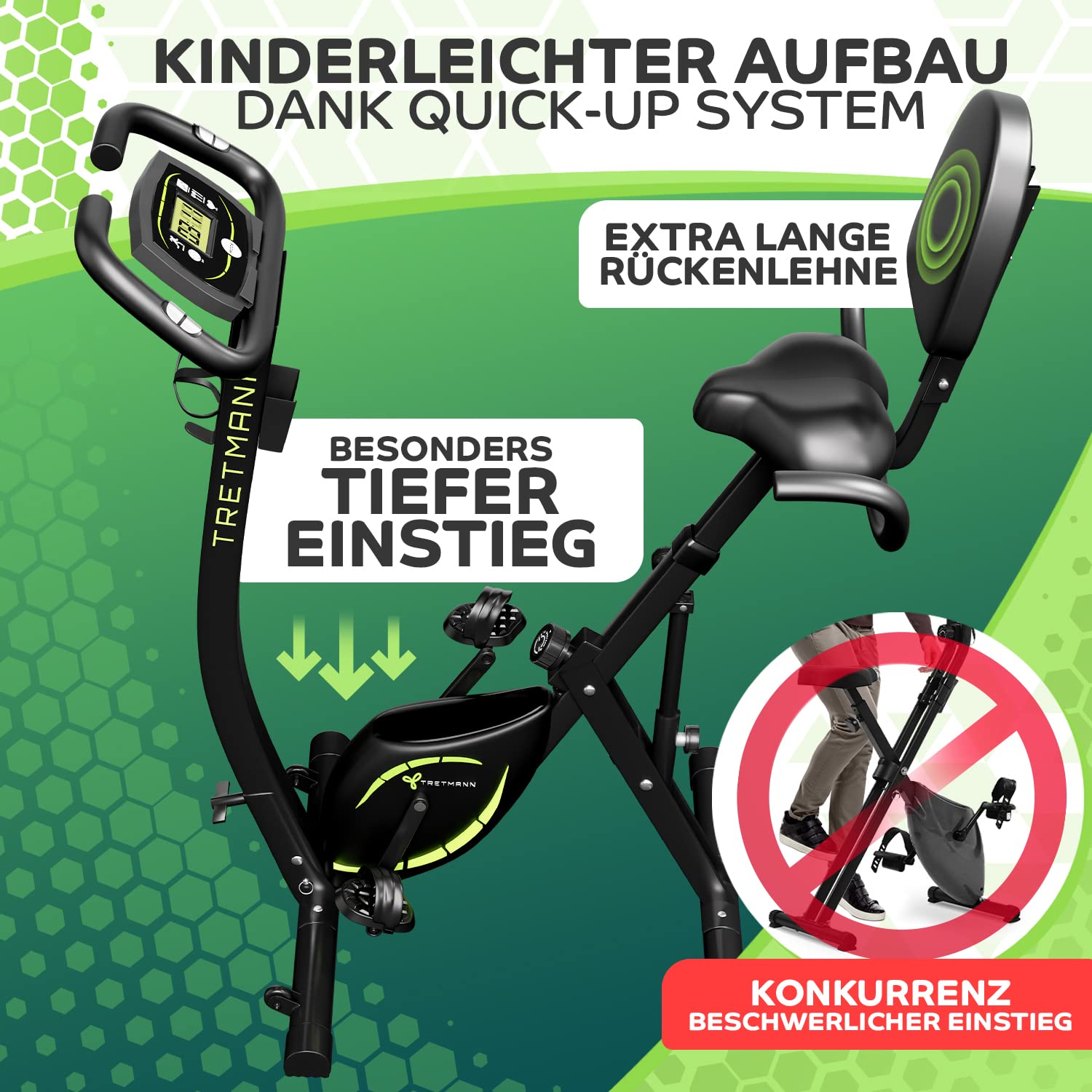 Tretmann NEU 3in1 Heimtrainer Fahrrad klappbar -extra komfortabel& leise- [SoftFoam] DEKRA geprüft - mit tiefem Einstieg Hometrainer Fahrrad Ergometer klappbar