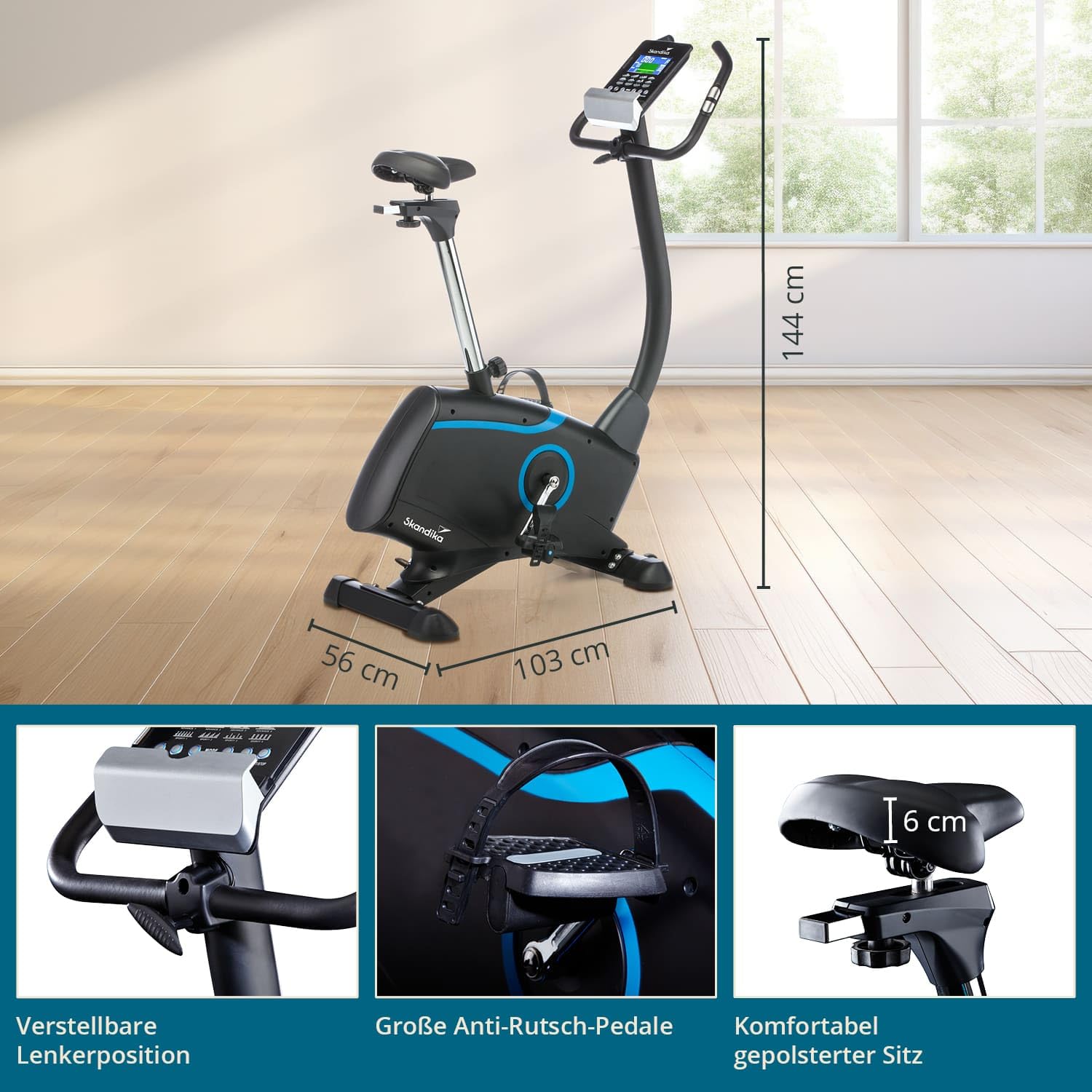 Skandika Ergometer Fahrrad Atlantis | Heimtrainer mit App Steuerung (Kinomap, iConsole), Bluetooth, 10kg Schwungmasse, Puls und Körperfettmessung, 32 Stufen, geräuscharm, Transportrollen | bis 150kg