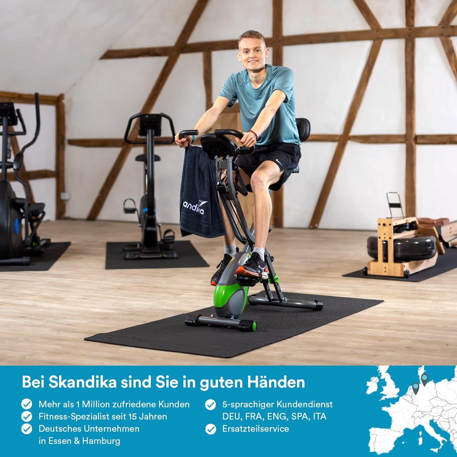 Skandika Fitnessbike Foldaway X-3000 X-Bike mit Lehne, Ergometer Fahrrad, klappbarer Hometrainer | Multi-Gym 4 in 1 Heimtrainer, Liegeergometer, Beintrainer, Kraftstation | blau/weiß