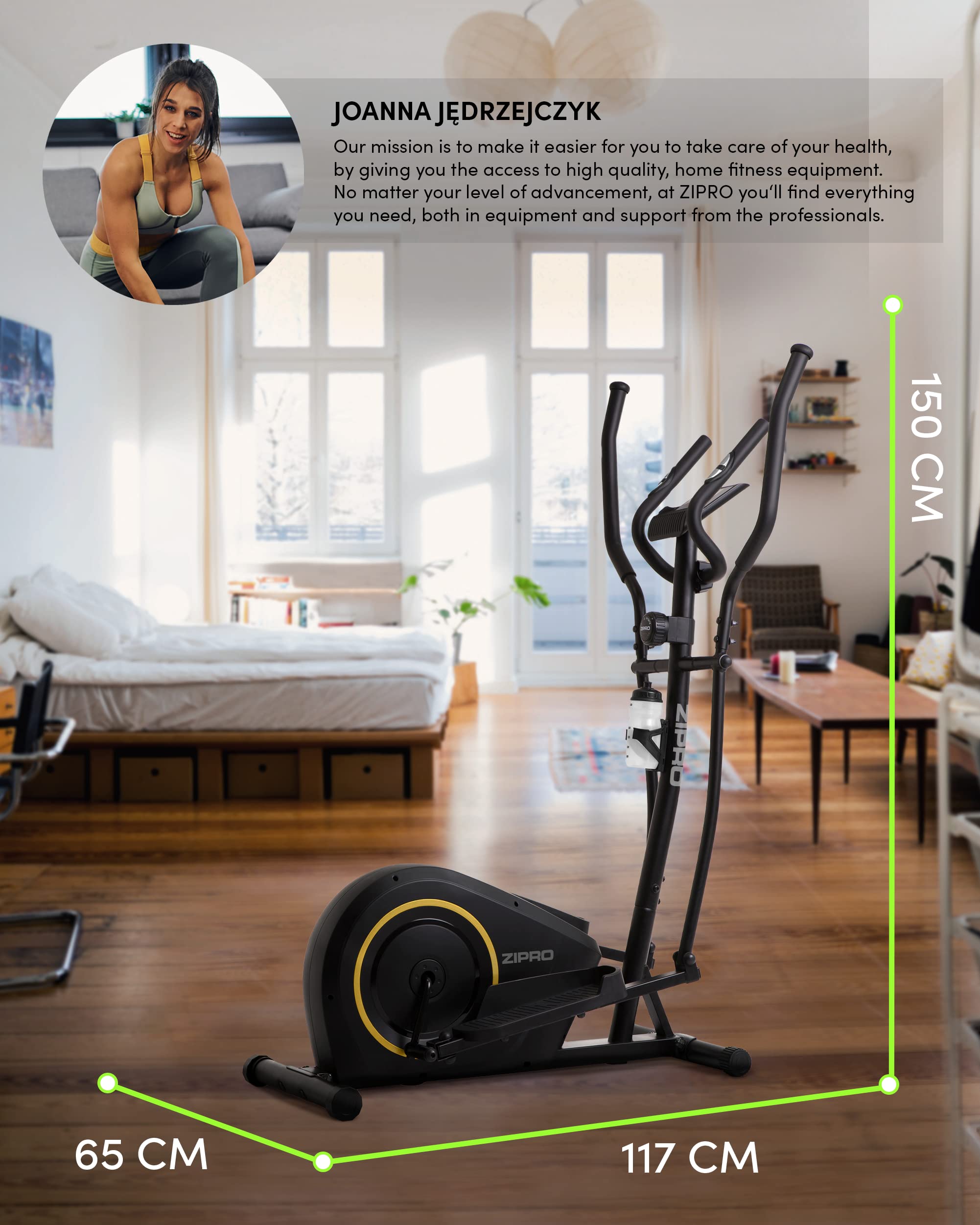 Zipro Crosstrainer Burn Gold, Ellipsentrainer bis zu 120 kg, Crosstrainer für Zuhause, Cardio Trainingsgerät, Exercise Machines, Heimtrainer, 8 Widerstandsstufen