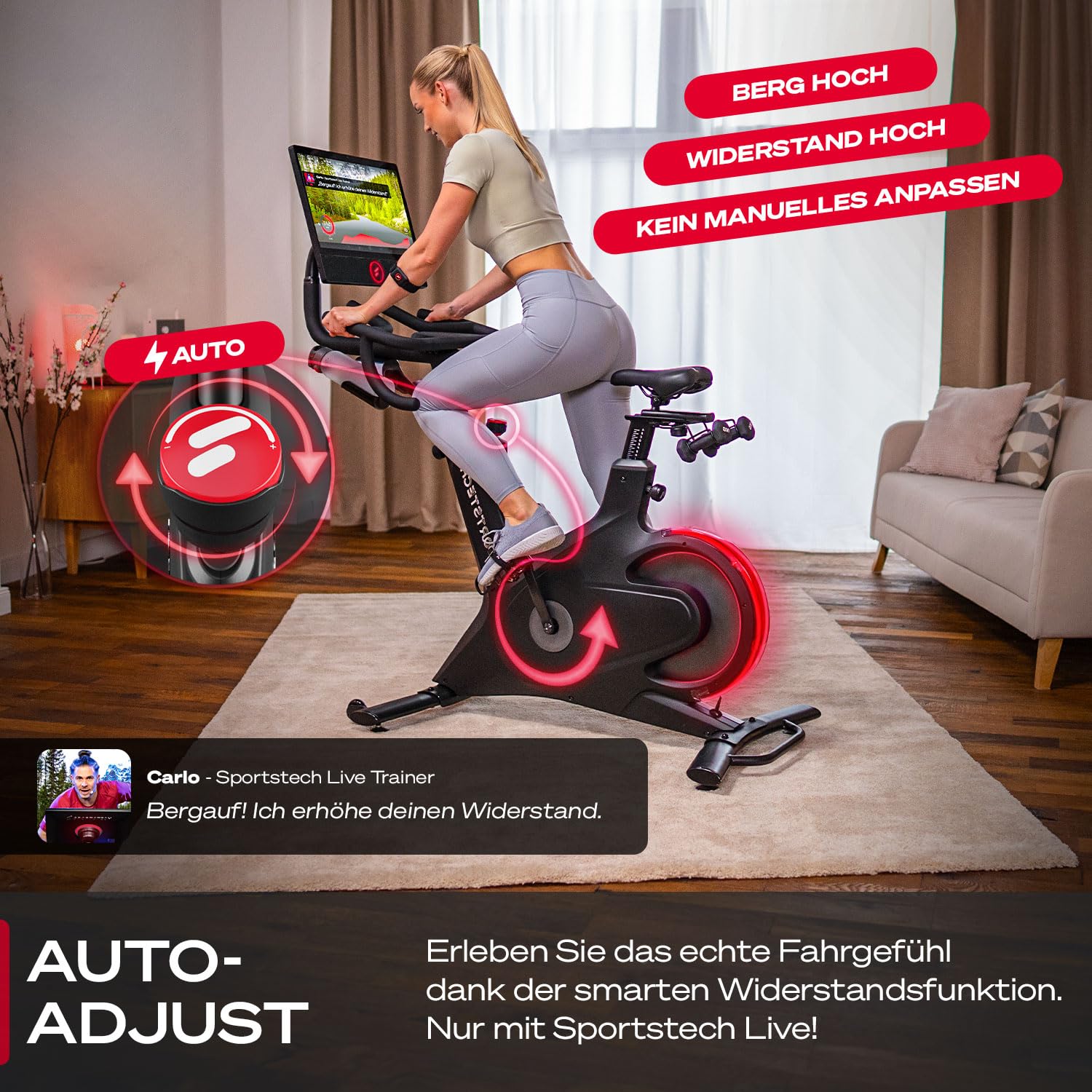 Sportstech Heimtrainer + 21.5" Touch Display - Deutsche Qualitätsmarke - APP mit Live Workouts & Kursen Fitnessbike mit patentierter LED Technologie, Ergometer, sBike (sBike schwarz)